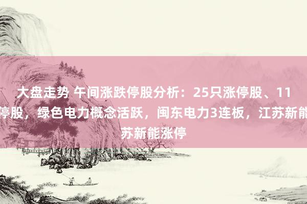 大盘走势 午间涨跌停股分析：25只涨停股、11只跌停股，绿色电力概念活跃，闽东电力3连板，江苏新能涨停